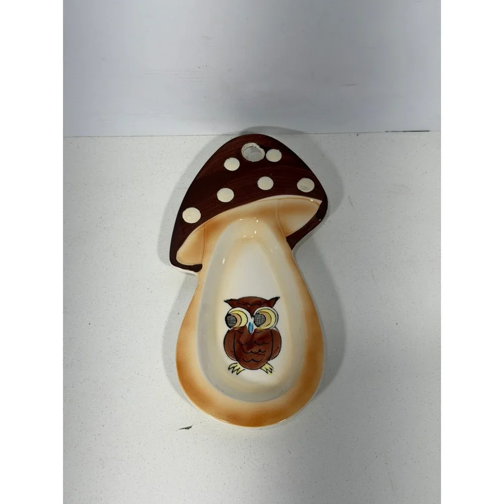 Vintage Japan Ceramic Mushroom Owl Spoon Rest Wall Hanging Brown Polka Dot Retro